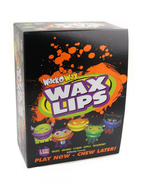 Colorful wax lips candy, 24 pieces, 5 assorted fruit flavors: grape, orange, lemon, apple, blueberry. Individually wrapped.