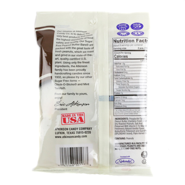 Atkinson Sugar Free Peanut Butter Bars, 6 pack, 3.75oz bags. Crunchy golden peanut butter candy, low carb, gluten free.