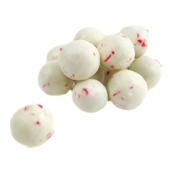 Creamy white chocolate peppermint malt balls with red candy cane pieces, approx 50 per pound, festive holiday treat.