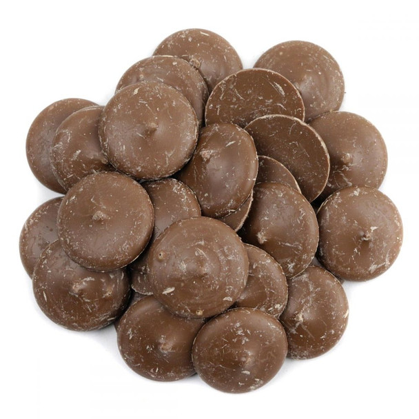Many brown milk chocolate melting wafers, sweet rich flavor, perfect for baking, coating pretzels, and candy making.