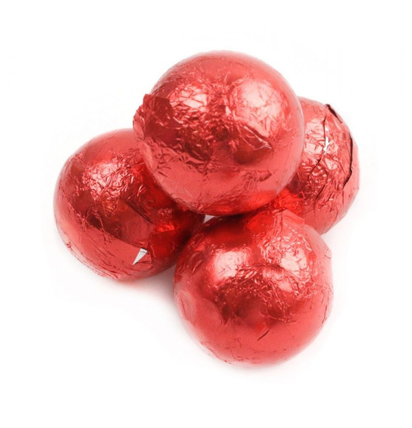 Bright red foil wrapped solid milk chocolate balls, 3/4 inch diameter, approx 60 per pound, festive.
