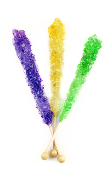12 piece Mardi Gras rock candy sticks. Gold, green, and purple festive USA made candy.