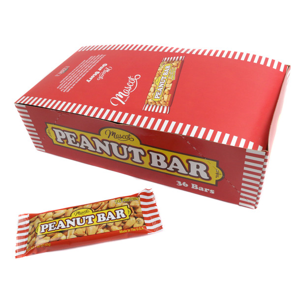 36 Mascot's Peanut Bars, sweet, salty, golden brown peanut candy, classic retro candy bar box.