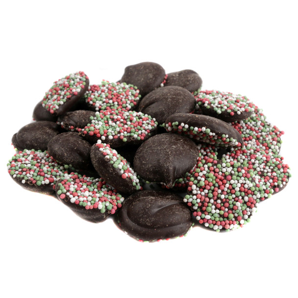 Dark chocolate Christmas nonpareils with red, green, white sprinkles, round discs, approx 130 per pound.