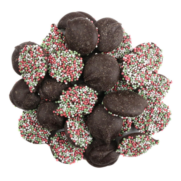 USA made dark chocolate Christmas nonpareils, rich discs with red, green, white sprinkles. Approx 130 per pound.