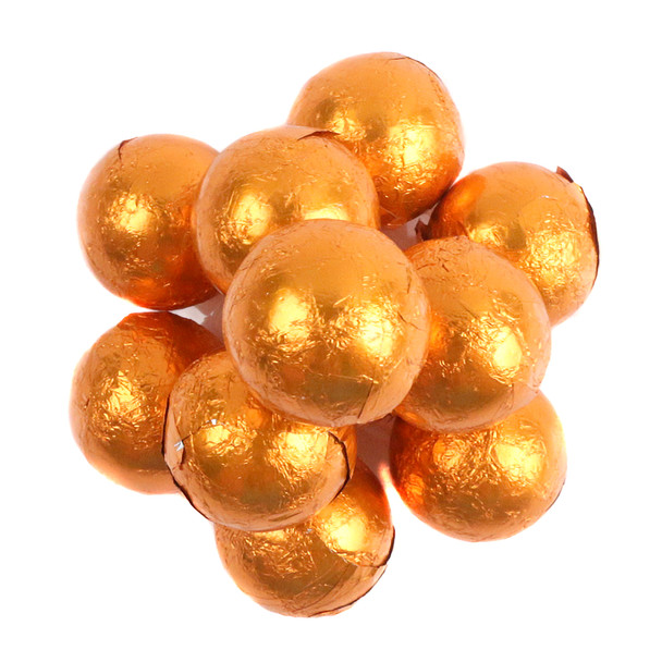 Delicious solid milk chocolate balls in bright orange foil, approx 60 per pound, perfect for candy buffets.