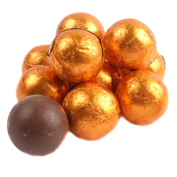 Bright orange foil wrapped solid milk chocolate balls, approx 60 per pound, 3/4 inch diameter.