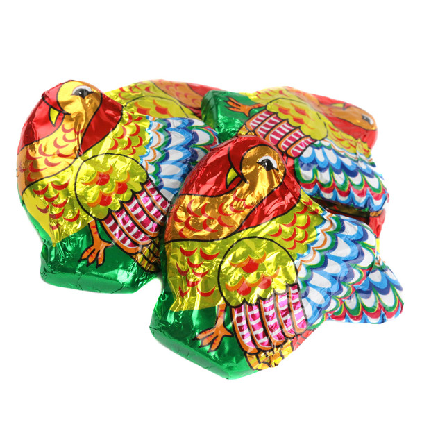40 mini solid milk chocolate turkeys, 1.75 inches, in colorful Italian foil, perfect for Thanksgiving.