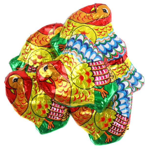 40 mini solid premium milk chocolate turkeys, 1.75" tall, in colorful Italian foil wrappers.