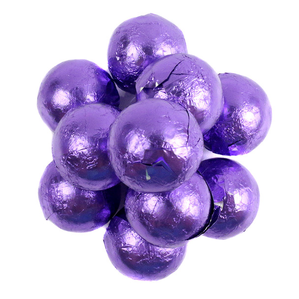 Purple foil wrapped solid milk chocolate balls, approximately 60 per pound, 3/4 inch diameter.