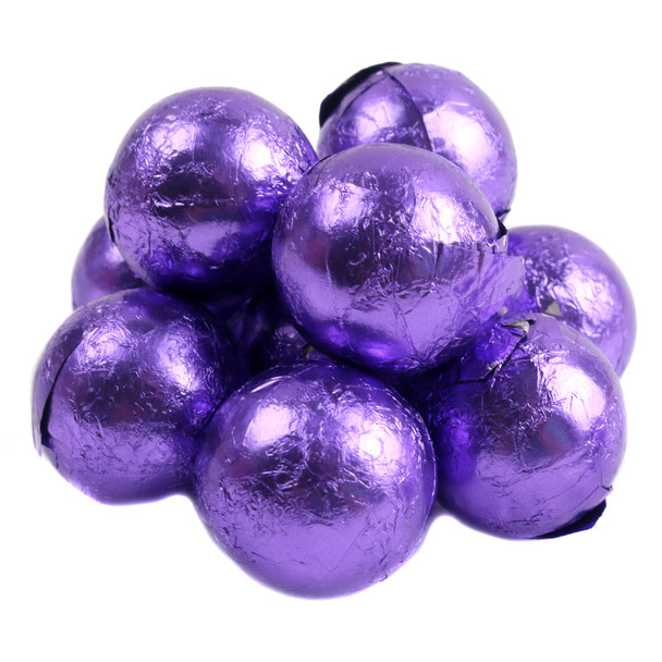 Shiny purple foil wrapped milk chocolate balls, bite-sized 3/4 inch, approx 60 per pound, milk chocolate candy.