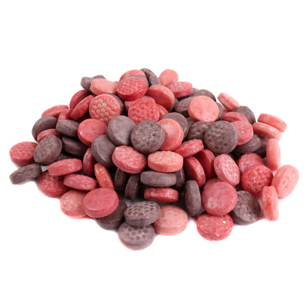 Bulk Razzles Berry Mix, bright pink, unwrapped candy & gum, approx. 360 per pound, sweet raspberry, blueberry, strawberry.