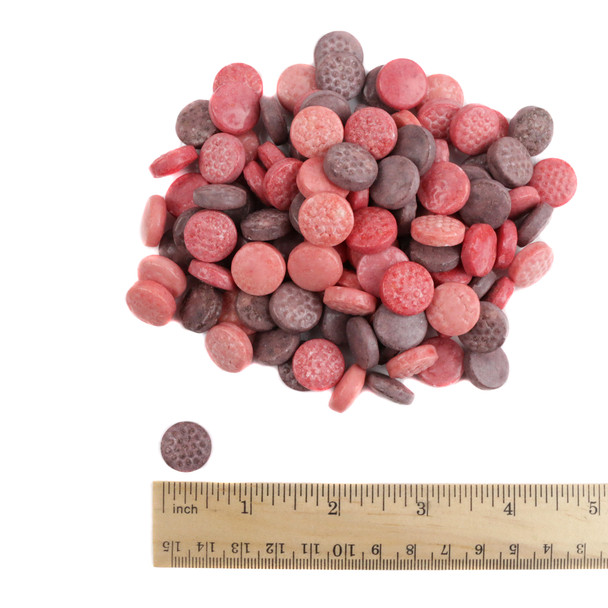 Bright pink Razzles Berry Mix bulk candy and gum, unwrapped. Approx 360 pieces per pound, raspberry, blueberry, strawberry.