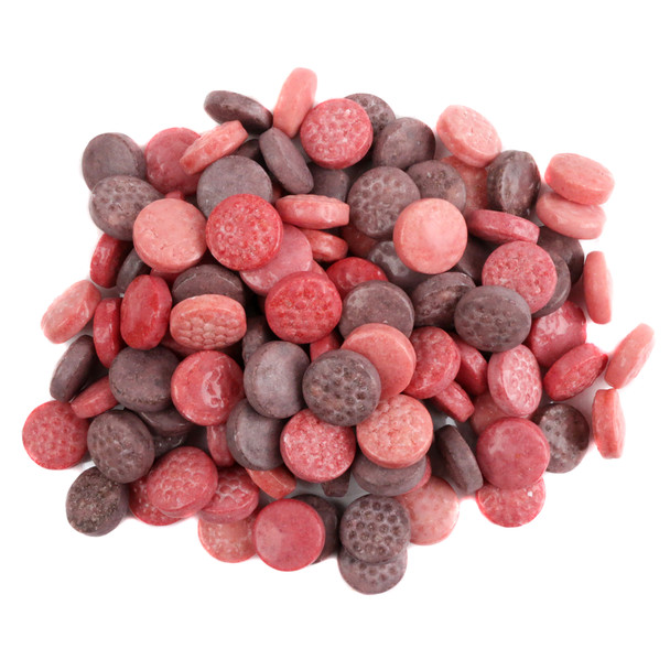 Bright pink Razzles Berry Mix bulk candy and gum, unwrapped, approx. 360 per pound, with raspberry, blueberry, strawberry flavors.