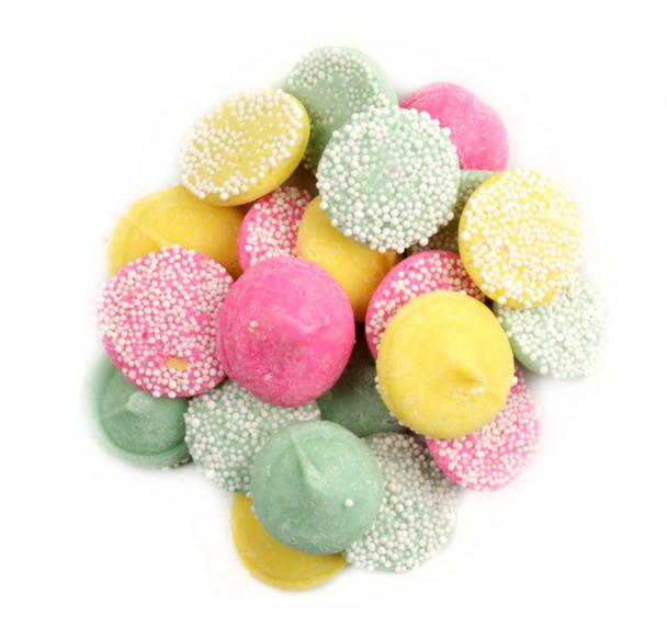 Misty Mints Candy, smooth creamy pastel pink, yellow, green mints with white nonpareils.