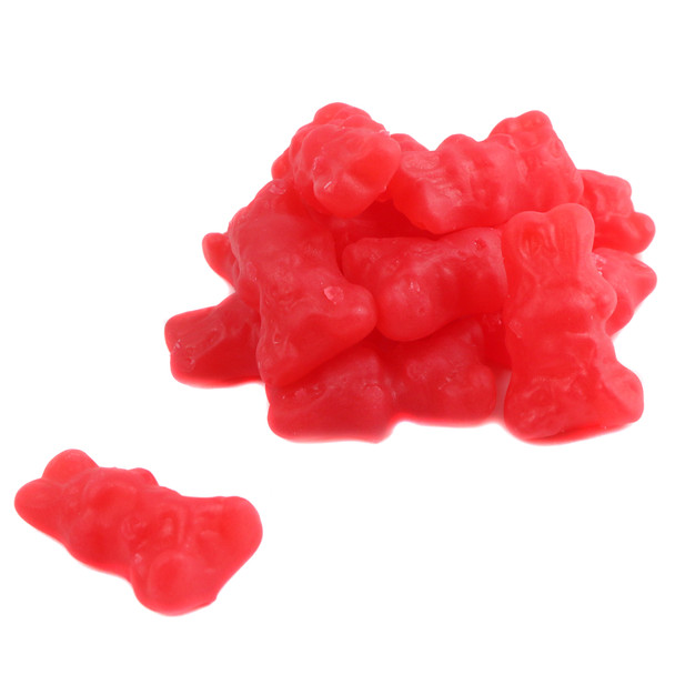 Vibrant red gummy Easter juju bunnies, sweet & spicy cinnamon flavor. Approx 65 per pound, each 1.5'' tall.