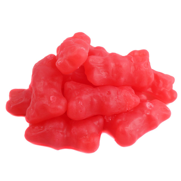 Vibrant red gummy Easter bunnies, approximately 65 per pound, 1 1/2'' tall, with a sweet spicy cinnamon flavor.