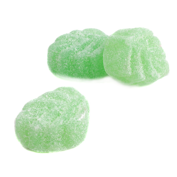 Zachary Spearmint Leaves, vibrant green jelly candies, sugar-sanded, refreshing mint flavor, multiple pieces.