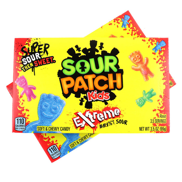 Sour Patch Kids Extreme 12 pack theater boxes, intensely sour green apple, red cherry, orange gummy candies.