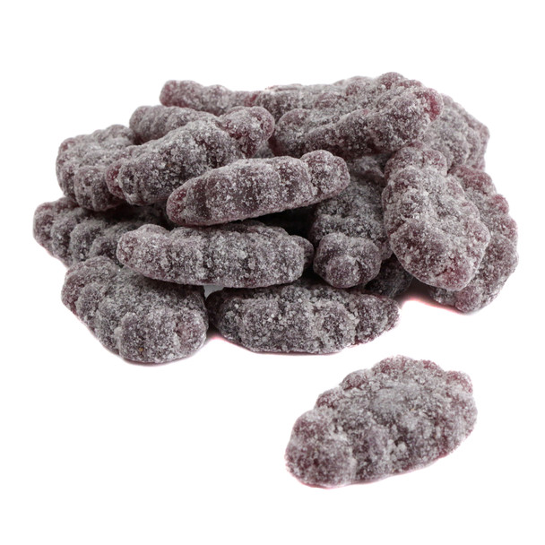 Vibrant purple Sour Patch Grapes, chewy sour and sweet grape-flavored gummy candy, approx 125 pieces per pound.