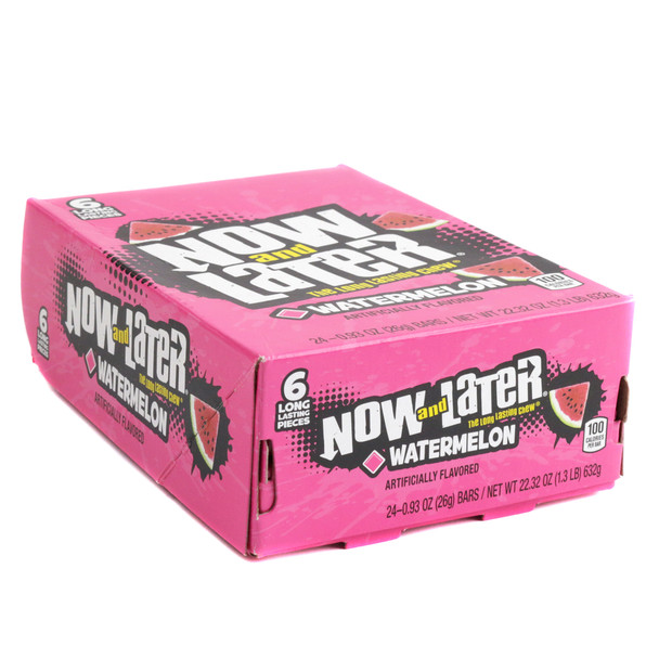 Now and Later Watermelon 24 Pack, pink taffy candy, 24 sweet tangy refreshing mini bars.