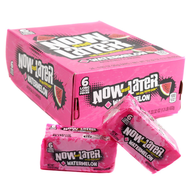 Pink Now and Later Watermelon taffy chews, 24 mini bars, 6 pieces each. Sweet, tangy, refreshing candy.