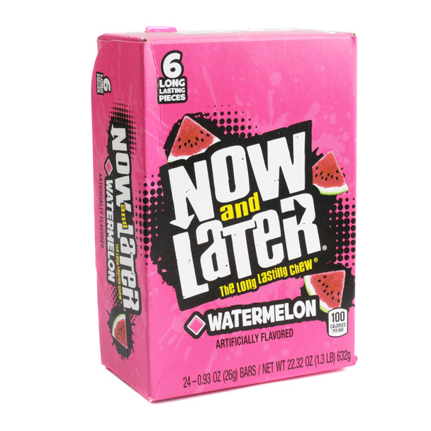 Now and Later Watermelon 24 pack, pink taffy candy. Sweet, tangy watermelon flavor. Bulk pack with 24 mini bars.