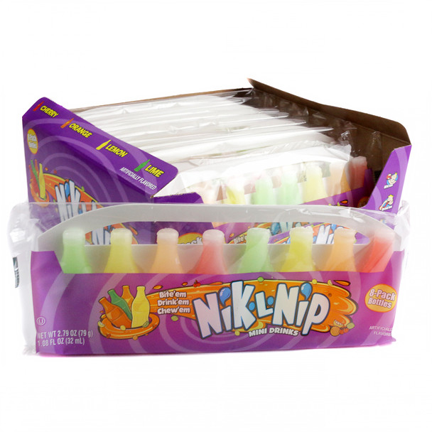 Nik L Nip Wax Bottles, 12 packs of 8 colorful fruit liquid retro candy bottles, rainbow assortment.