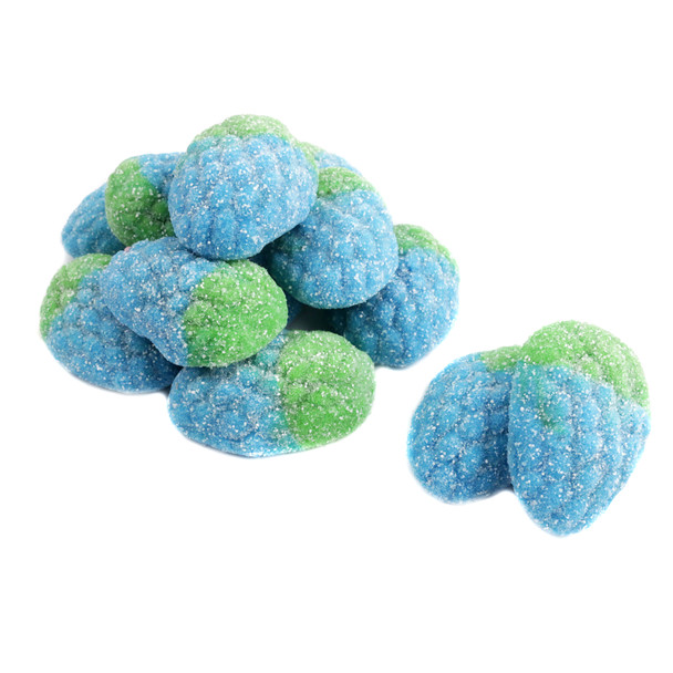 Blue Raspberry Sour Gummies, approx 35 pieces per pound. Sweet and sour blue candy with soft jelly, sour sugar coating.