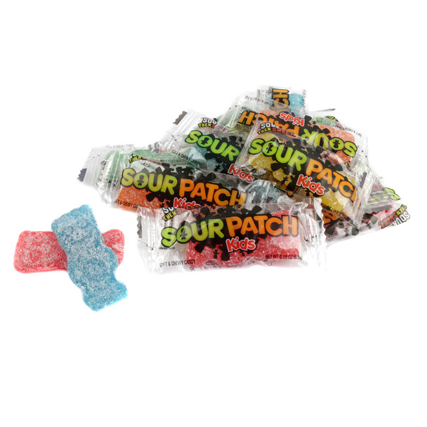 Big, individually wrapped, multi-colored Sour Patch Kids. Many sour then sweet candies for bulk orders.