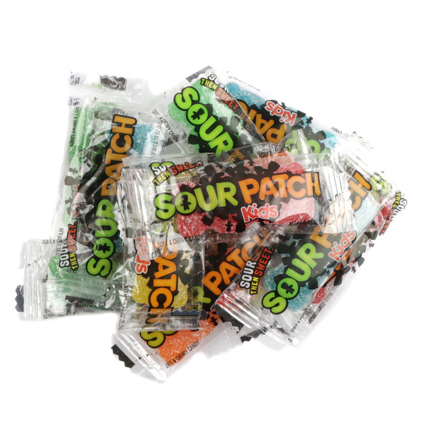 Individually wrapped Big Sour Patch Kids, 80 per pound, twice the size. Rainbow colored, sour then sweet gummy candy.