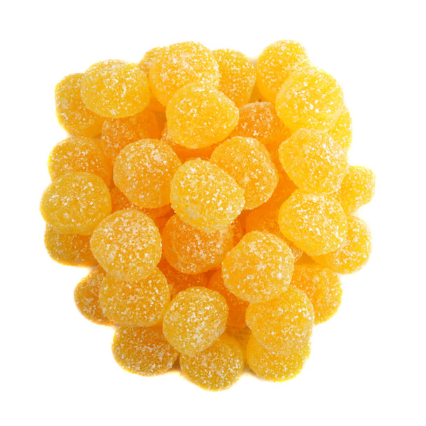 Vegan Sour Peach Gummy Dots, round, sugar-coated, tangy peach flavored candy, approx. 245 per pound by Gerrit Verburg.