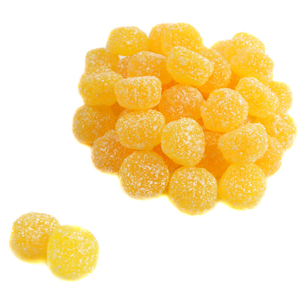 Round, peach-colored, sugar-coated Vegan Sour Peach Gummy Dots, approx 245 per pound, by Gerrit Verburg.