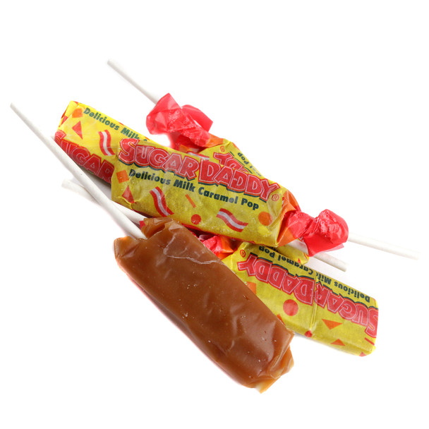 Bulk Mini Sugar Daddy caramel lollipops, golden brown, approximately 32 pieces per pound, delicious old-fashioned candy.
