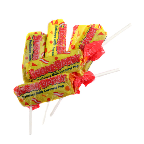 Bulk mini golden brown Sugar Daddy caramel lollipops, individually wrapped, old-fashioned candy.