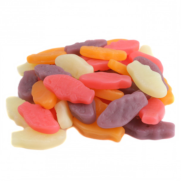 Swedish Fish Tropical chewy candy, ~170 multi-colored fish per pound, featuring pina colada and passion fruit flavors.