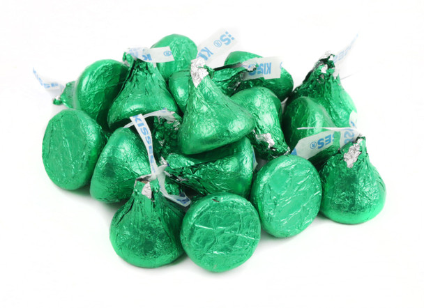 Green Hershey Kisses, foil-wrapped, approx. 100 per lb. Delicious USA chocolate candy for St. Patrick's Day.