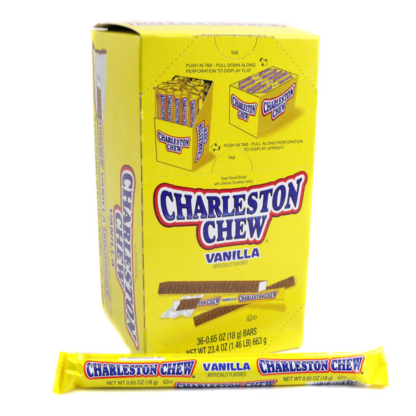 Yellow and brown Vanilla Charleston Chews, 36 piece changemaker box, classic vanilla nougat candy bars.