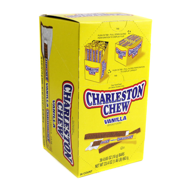 36 Vanilla Charleston Chews, yellow vanilla nougat, chocolatey coating, changemaker display box.