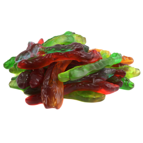Haribo Twin Gummy Snakes, sweet & sour, two-toned in red-orange, green-yellow, blue-purple coils.