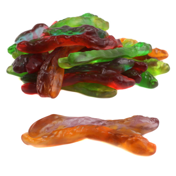 Haribo Twin Gummy Snakes, 48 count, sweet sour fruit-flavored red, orange, green, yellow, blue, purple coiled gummies.