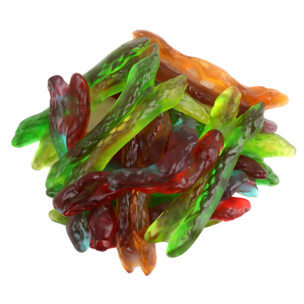 Haribo Twin Gummy Snakes, sweet & sour, coiled. Red, orange, green, yellow, blue, purple fruit flavors, approx. 48 pieces.