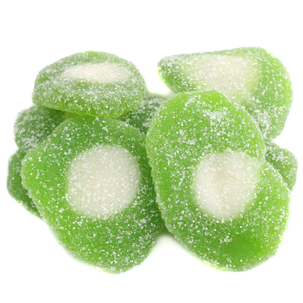 Sour Gummy Kiwi Candy. Bright green gummy kiwi slices, approx 75 pieces per pound, sweet, sour citrus flavor.