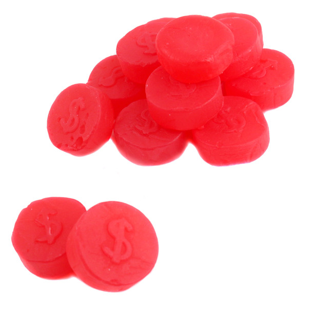 Pile of bright red cherry juju coins, 1-inch diameter, each marked with a prominent dollar symbol. Chewy, round candy.