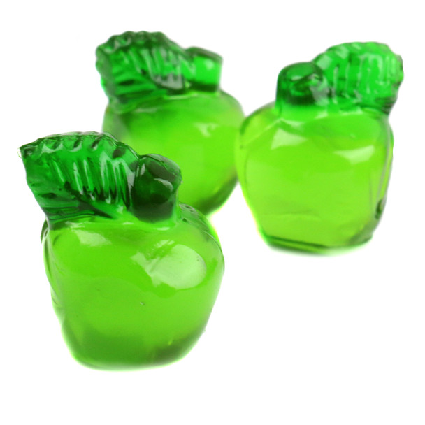 Bulk unwrapped 3D green gummy apples, intricately shaped like real apples, approx. 65 pieces per pound.