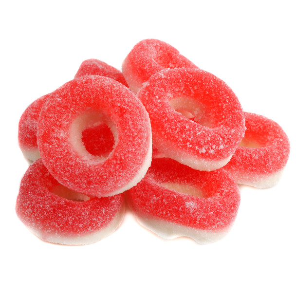 Bright red, sanded strawberry gummy rings, approximately 57 per pound, 1.25 inch diameter.