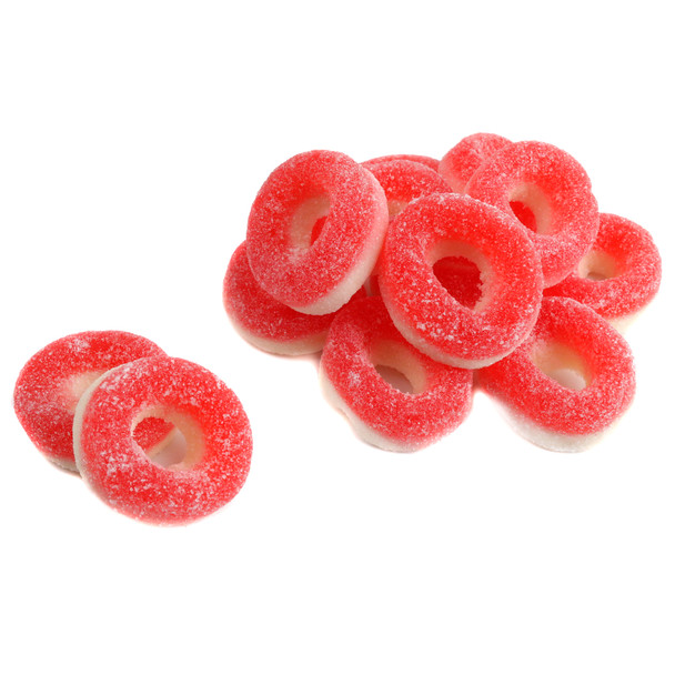Bright red, sanded strawberry gummy rings, approx. 57 per pound, 1.25 inch diameter chewy candy.