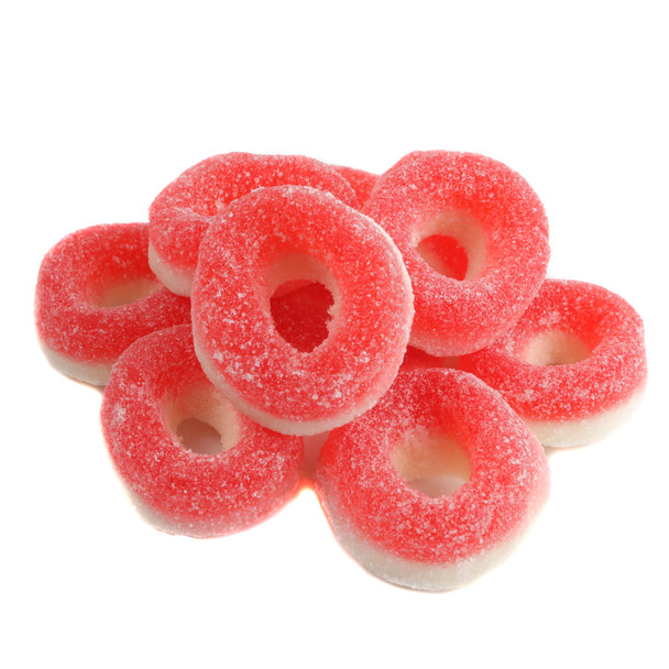 Bright red sanded strawberry gummy rings, chewy, approx. 57 per pound, 1.25 inch diameter.