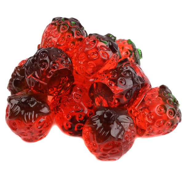 Vibrant red 3D Gummy Strawberries, approx 65 pieces per pound, delicious bulk strawberry candy.