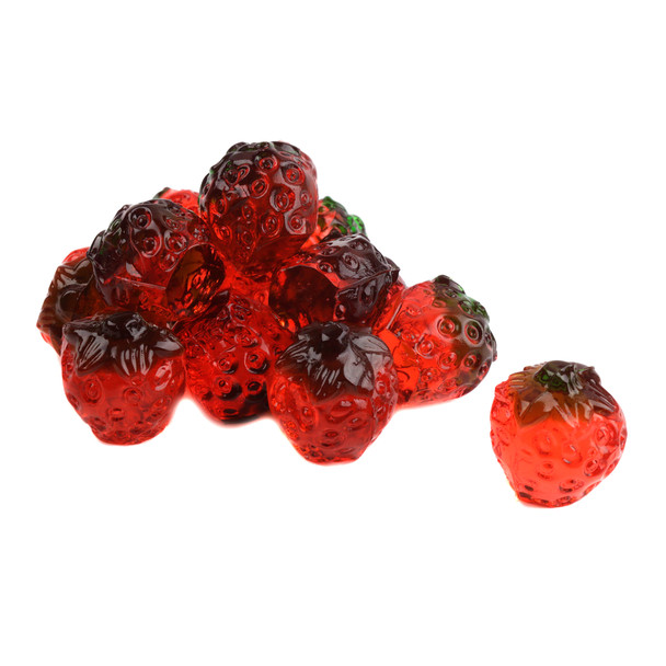 Red 3D Gummy Strawberries, intricate detail, approximately 65 pieces per pound, ripe strawberry flavor.